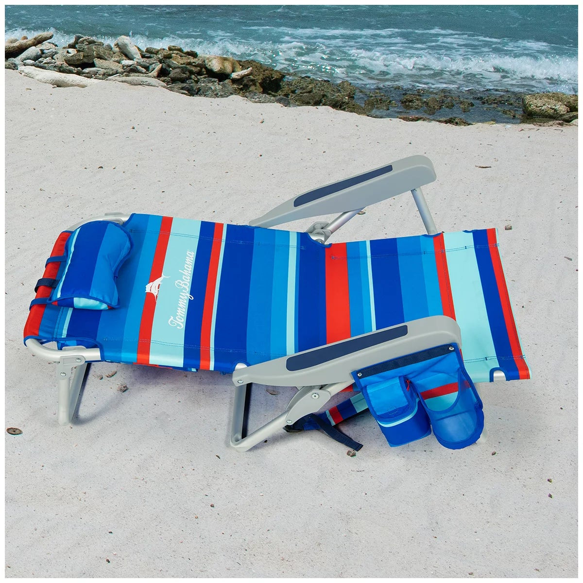 Tommy Bahama 5 Position Folding Backpack Beach Chairs Red Blue Stripe 2 Pack