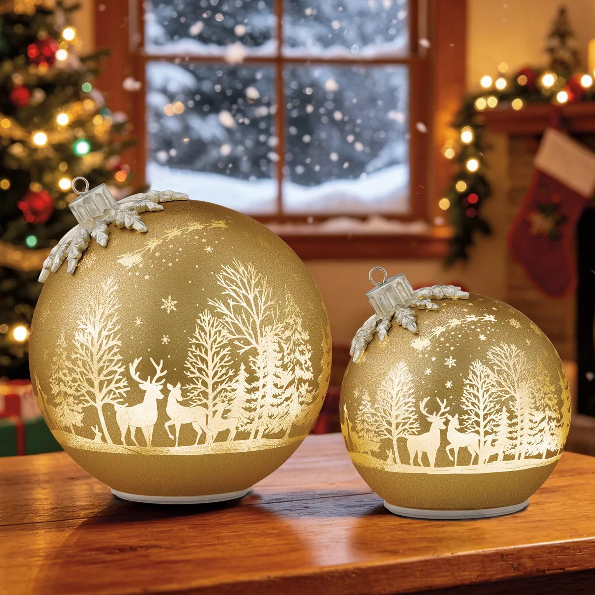 Seasonal Rotating Glass Balls 2pc Gold LED Christmas Holiday Home Decor