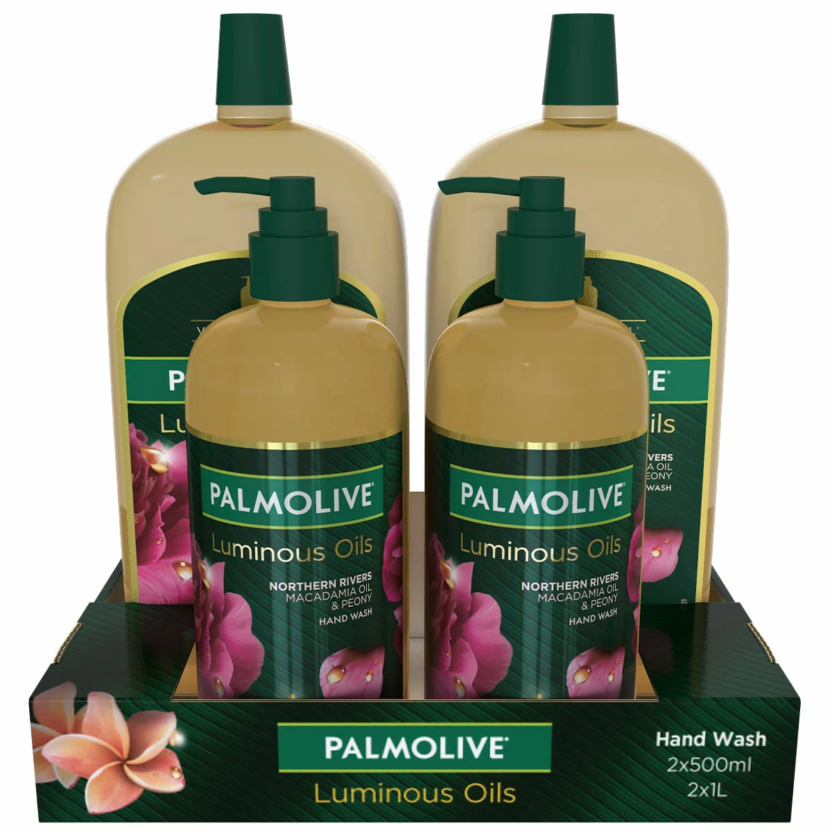 Palmolive Luminous Oils Handwash 2x1L Refill+2 x 250ml Pump Macadamia Oil & Peony