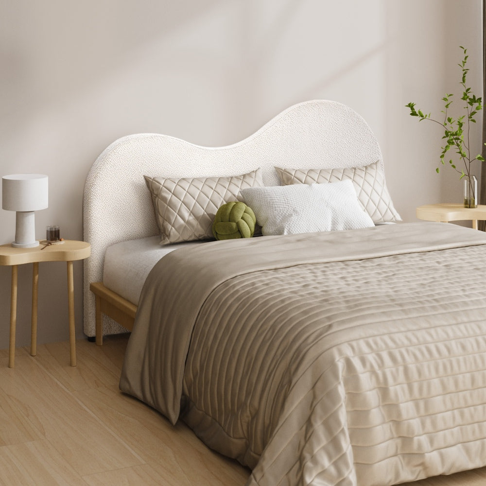 White Boucle Fabric Queen Size Bed Headboard