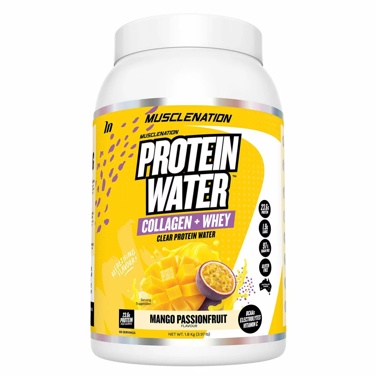 Muscle Nation Protein Water 1.8kg Powder Mango Passionfruit Flavour 60 Servings