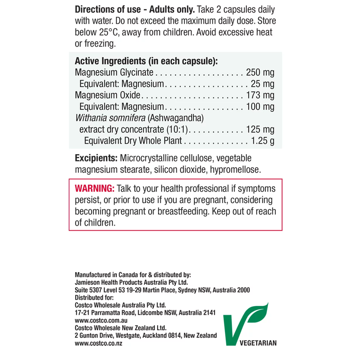 Jamieson Magnesium + Ashwagandha 240 Caps Relaxation Supplement