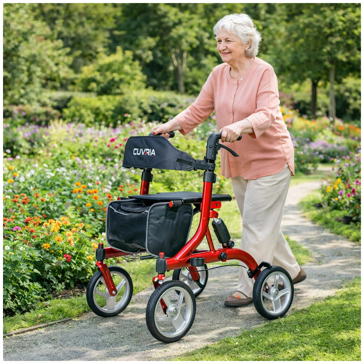 Cuvria Foldable Rollator Walker with Seat & Storage Bag 10" All Terrain Wheels