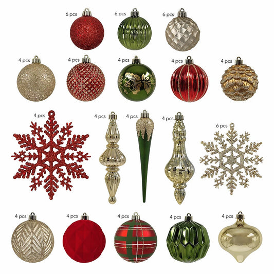 80 Piece Red Green Christmas Ornament Set Shatter Resistant Holiday Tree Decor