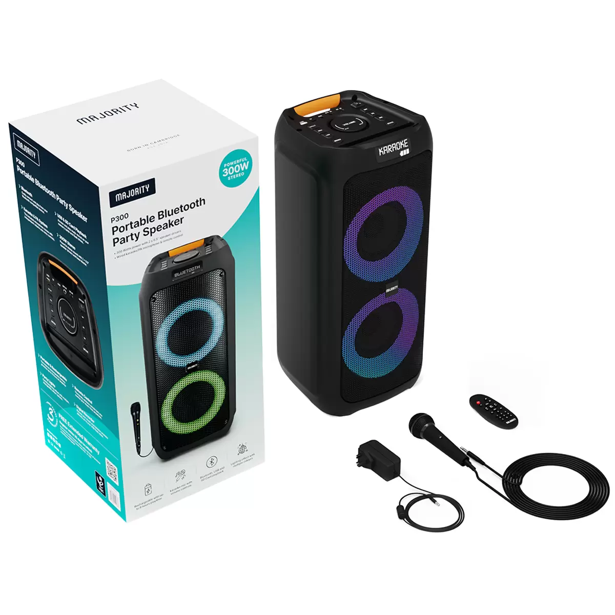 Majority P300 Party Speaker 300W Bluetooth Karaoke PA System LED Lights