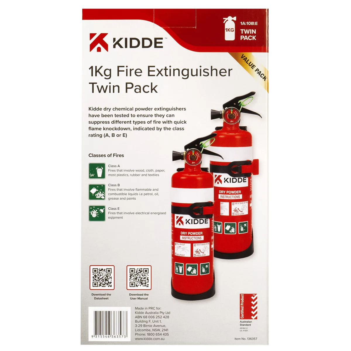 Kidde 1kg Fire Extinguisher Twin Pack 1A10BE Multi Purpose Safety Protection