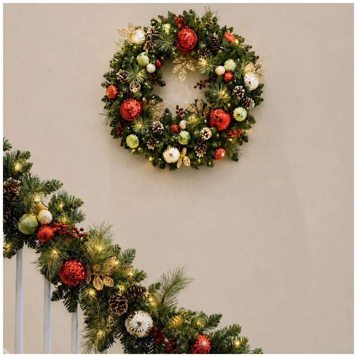 30 Inch Pre-Lit Christmas Wreath Red Artificial Holiday Home Decor