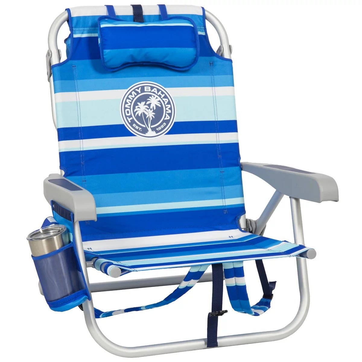 Tommy Bahama 5 Position Folding Backpack Beach Chairs Green Blue Stripe 2 Pack