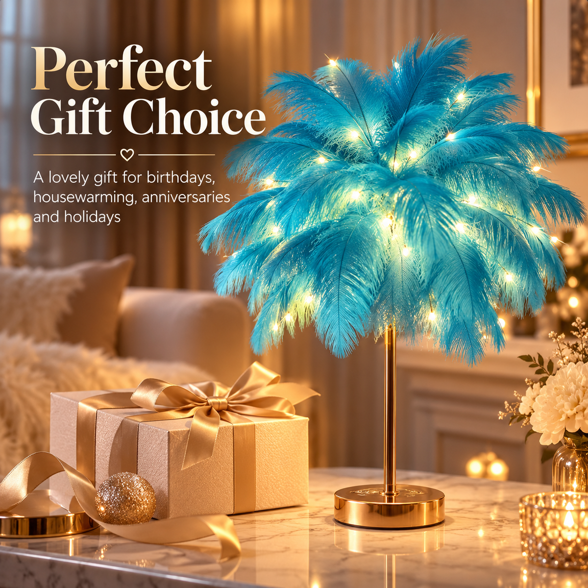 Ostrich Feather Table Lamp White, 80 Hand-Woven Natural Feathers, 3 Colour Temperature Touch Dimming, USB Rechargeable LED Bedside Lamp with Gold Metal Base
