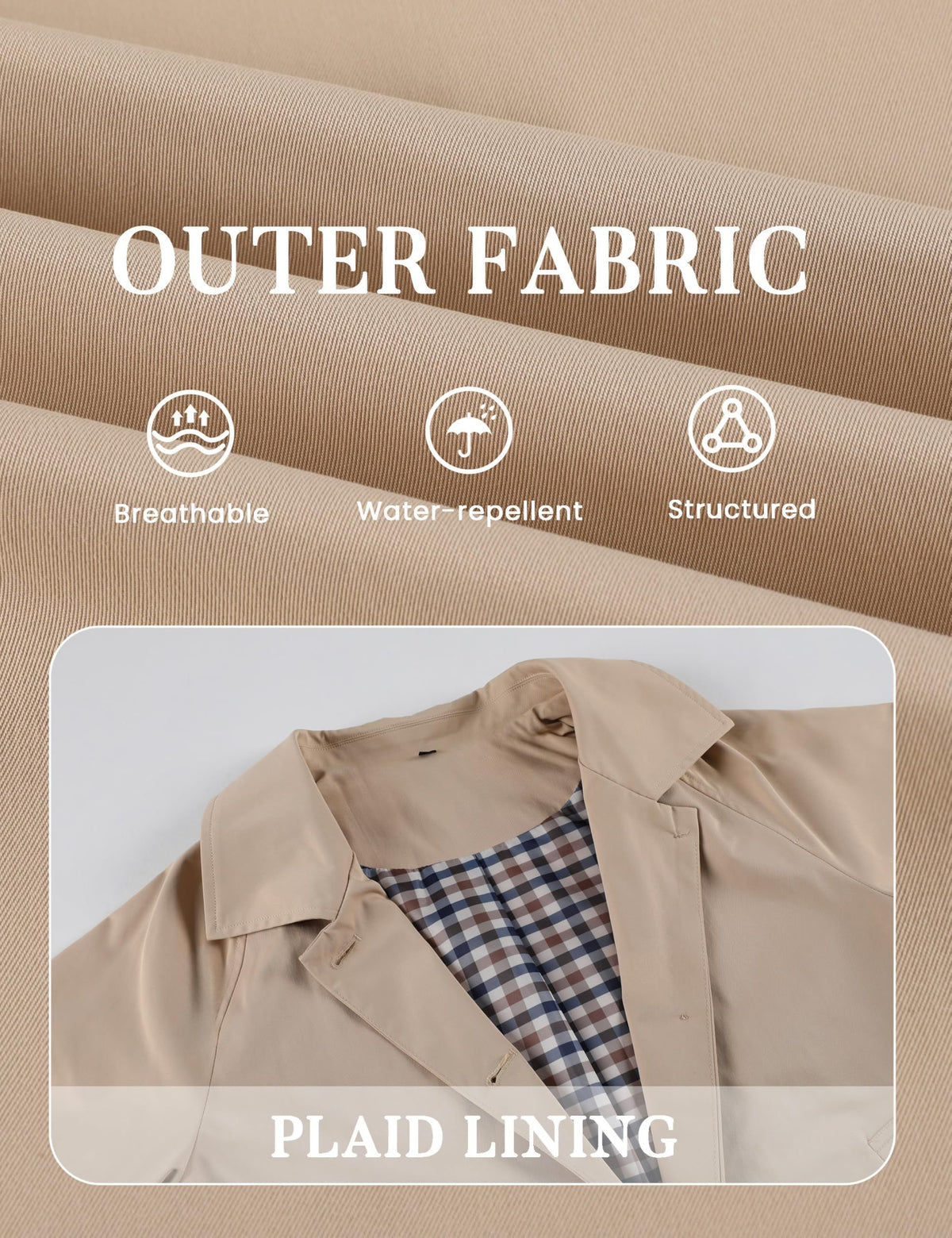 Versatile Lightweight Cropped Trench Jacket for Daily Work, Travel and All Seasons, L (khaki)