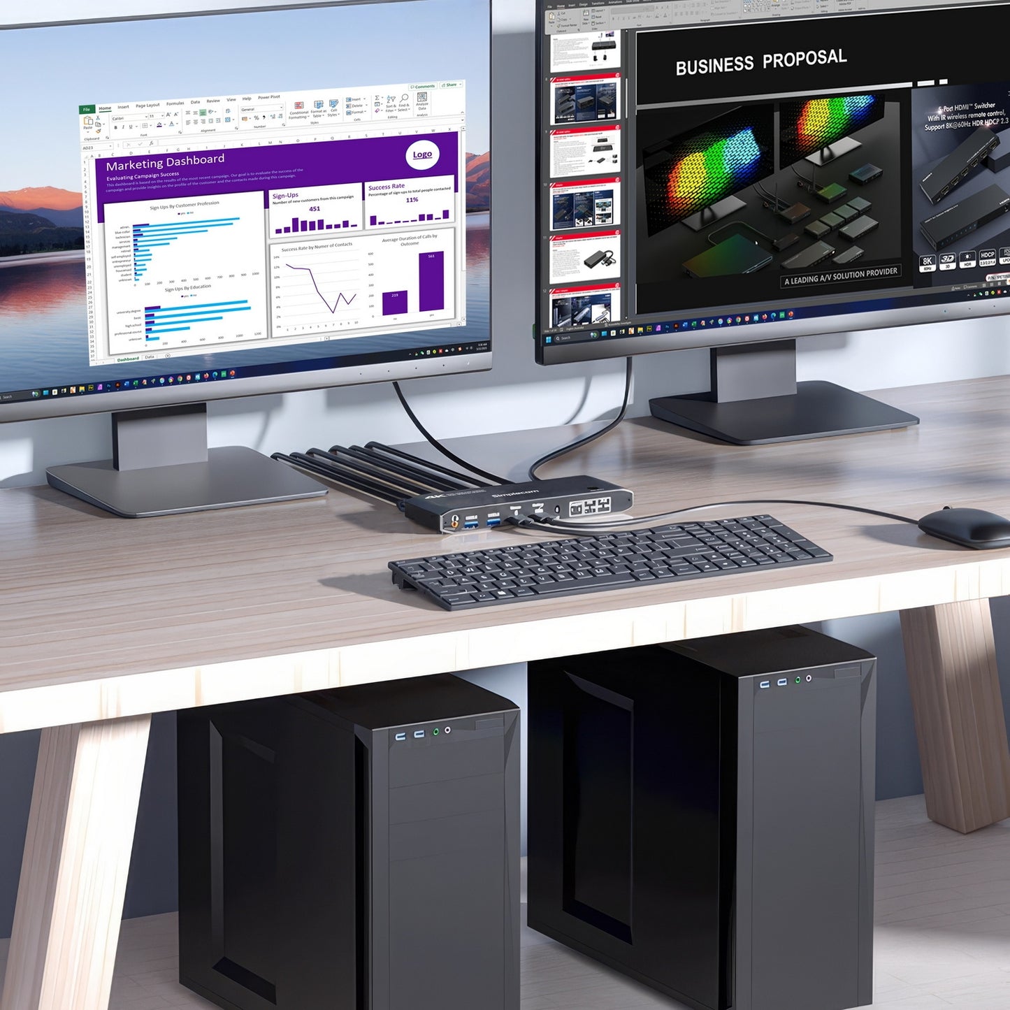 Simplecom KM430 Dual HDMI Monitor KVM Switch for 2 Computers with 4-Port USB Hub 4K@60Hz Keyboard Hotkey