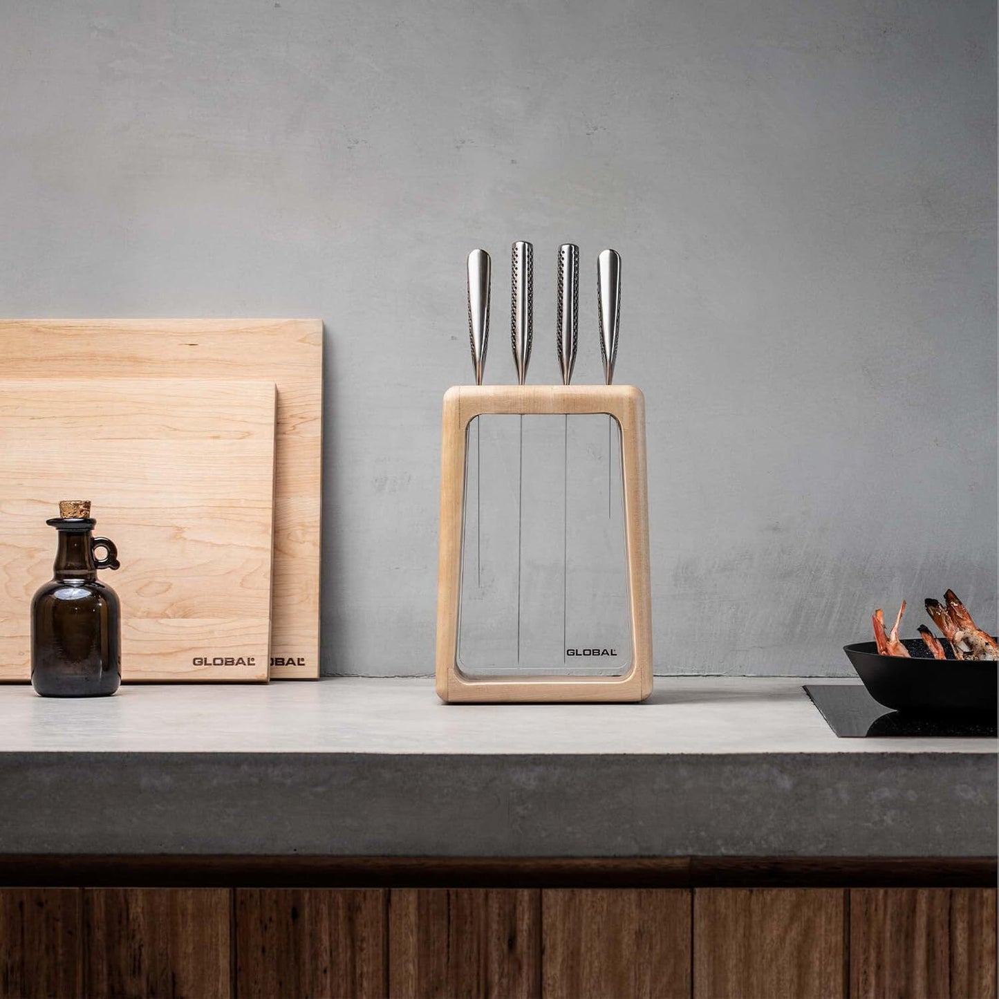 Global Hashira 5-Piece Japanese Knife Block Set Maple Stainless Steel - Made in Japan