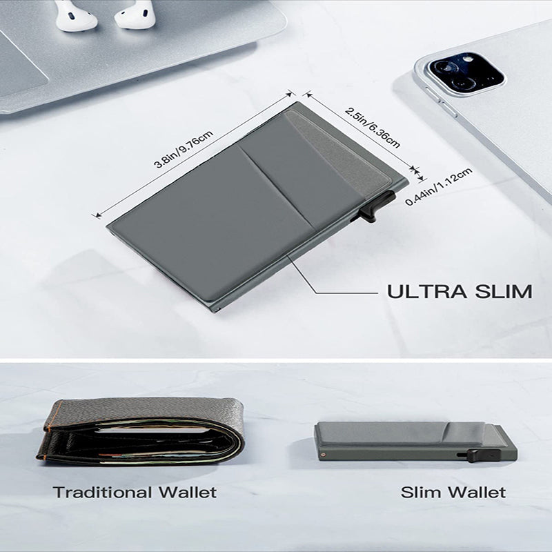 Grey Ultra-Slim RFID Blocking Pop-Up Wallet - Automatic Card Holder with Metal Case & Secure Screw Base