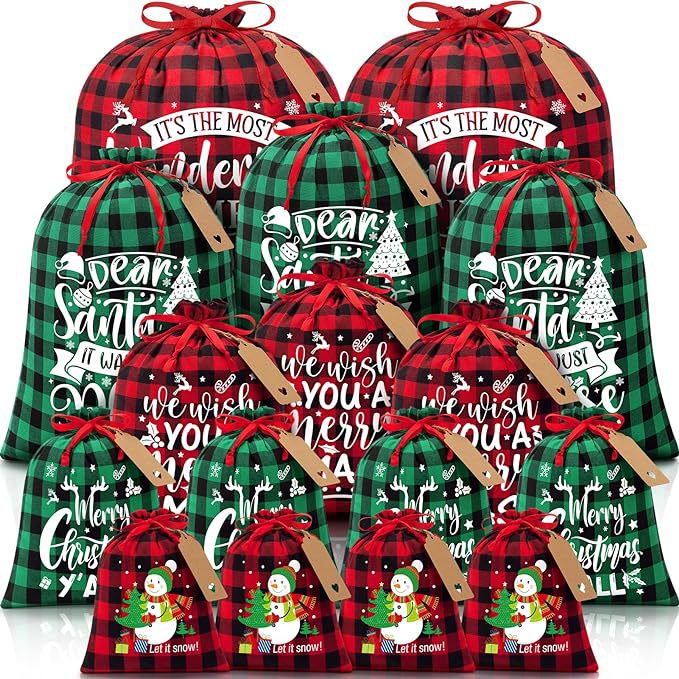 Red checkered Christmas Gift Drawstring Bags Set - Festive Burlap Style Pouches for Candy & Apples - Holiday Decoration - 10 Pcs