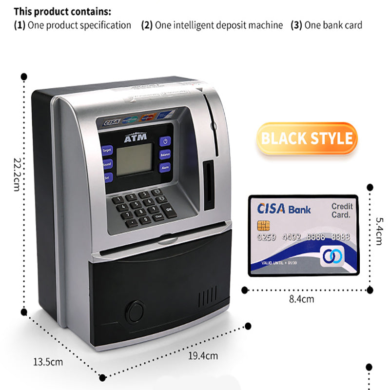 Black Digital ATM Savings Bank for Kids - Electronic Piggy Bank with PIN & Card for Real Money