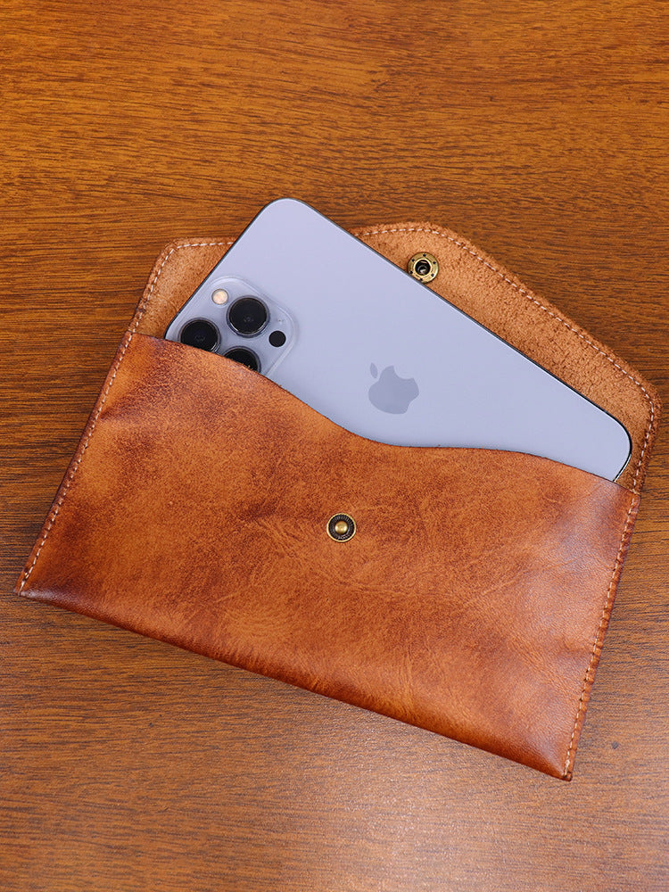 Brown Vintage Japanese Style Full-Grain Leather Phone Wallet - Slim Envelope Clutch for Women
