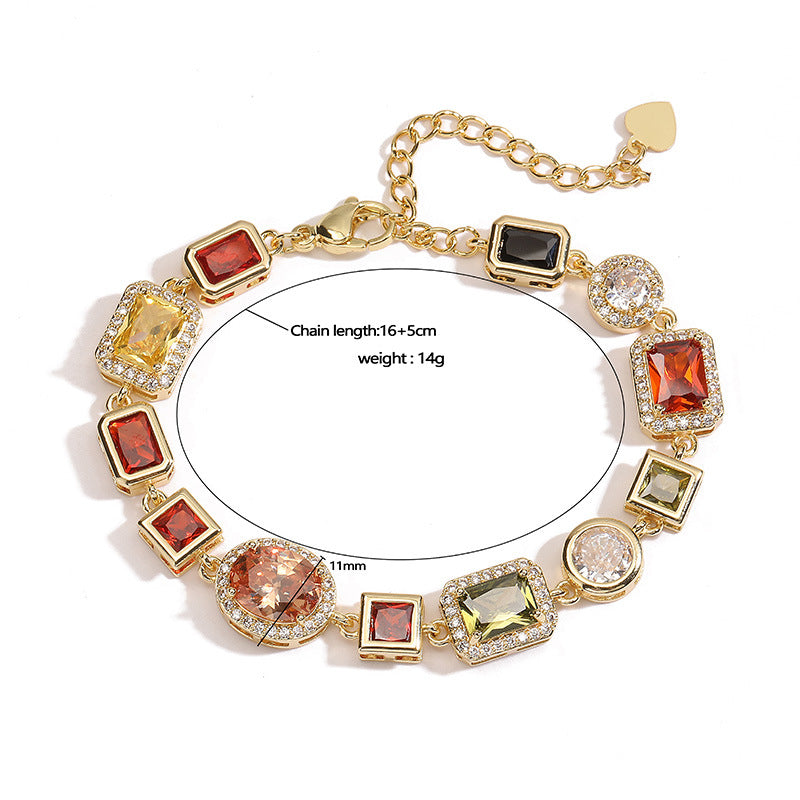 Gold Elegant Light Luxury Geometric Colorful Gemstone Bracelet (L: 16-21CM) - Copper Cuban Chain Cuff
