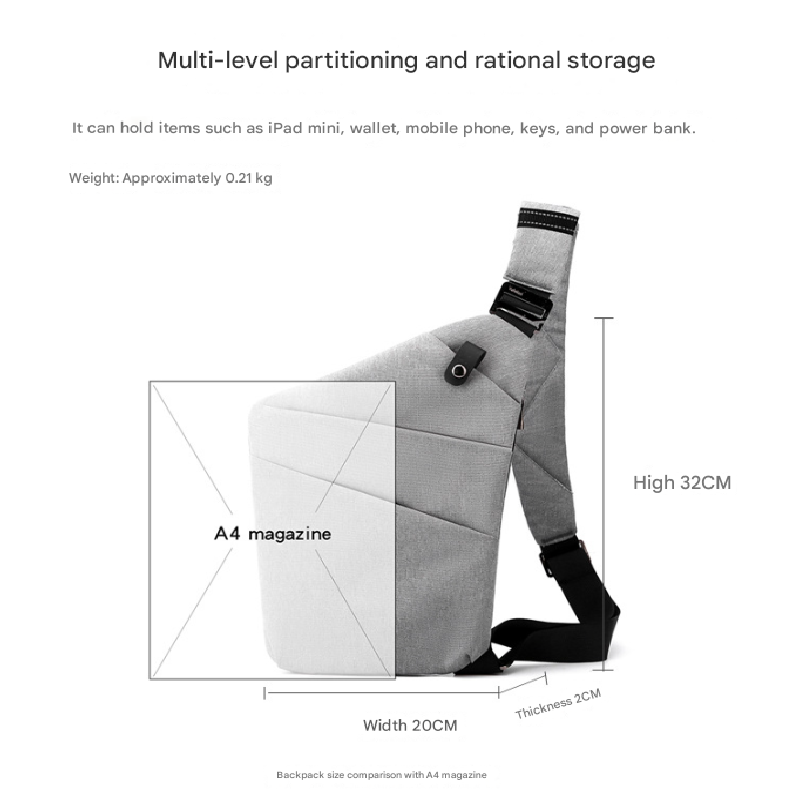 Black Anti-theft Crossbody Sling Bag for Men & Women - Slim, Lightweight Chest Shoulder Pack for Travel & Daily Commute