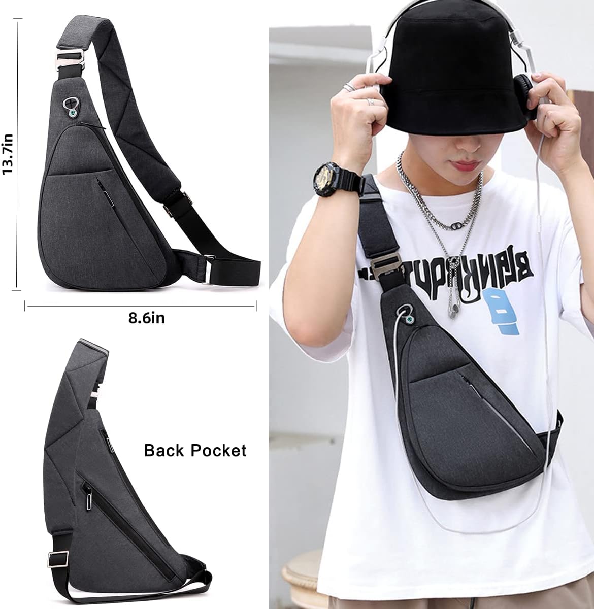 Black on the right shoulder New Men's Reflective Crossbody Sling Bag - Casual Commuter Shoulder Chest Pack for Daily Essentials