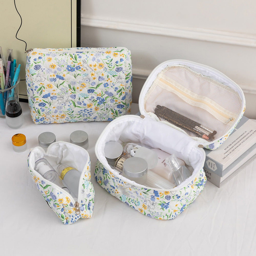 3SET Quilted Floral Makeup Bag Collection Cute Rabbit Pattern Cosmetic Pouch &Travel Toiletry Organizer & Pencil Case for School and Home