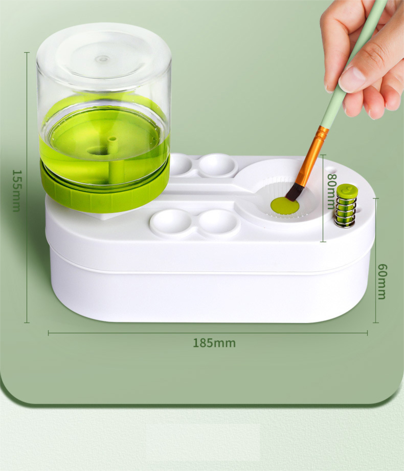 Green Automatic Water-Colour Paintbrush Cleaner Set - Green 2-in-1 Station with Self-Cleaning Water Dispenser - Includes 8 Brushes & Flower Palette - Mess-Free Art Accessory