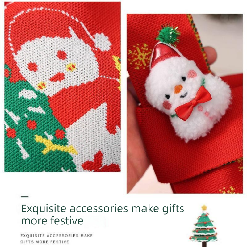 Red Christmas Knitted Gift Bag - Festive Reusable Tote with Cute Snowman shape Plush Charm - Holiday Party Favor & Apple Wrapper for Xmas Decor