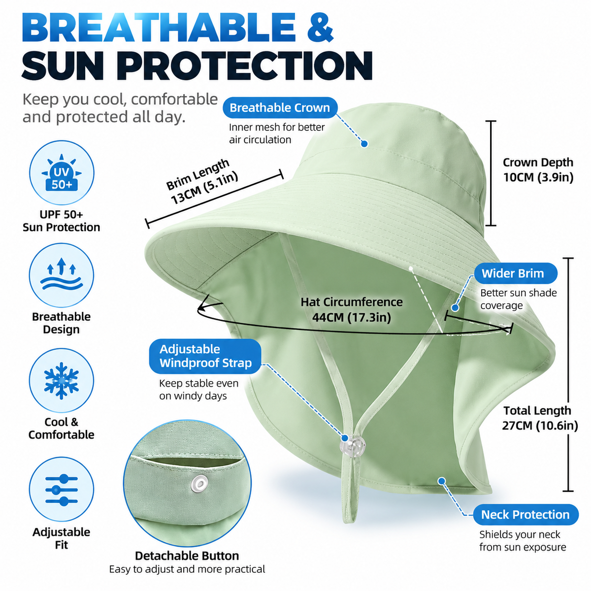Black Women's Wide Brim Sun Hat with Neck Flap - Foldable Outdoor Shade Hat with Adjustable Chin Cord, Extended Neck Cover for Beach, Cycling and Travel