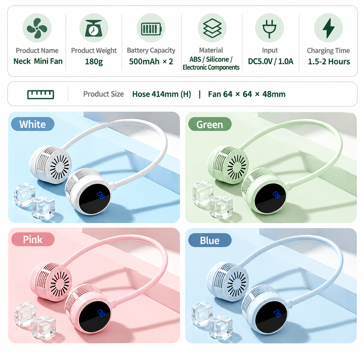 Green Portable Neck Fan with LCD Display - 6 Speed Dual Head Wearable Fan with Flexible 360 Degree Airflow, USB-C Charging Battery for Travel and Outdoor Use