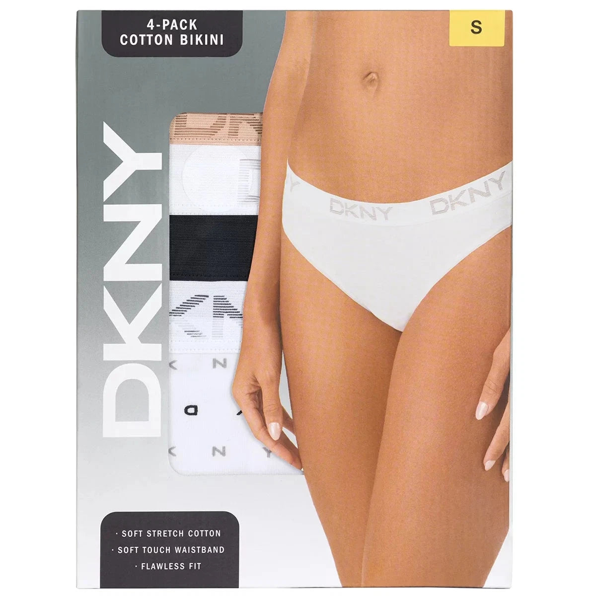 DKNY Women's Bikini Brief 4 Pack White Black Large Soft Stretch Cotton