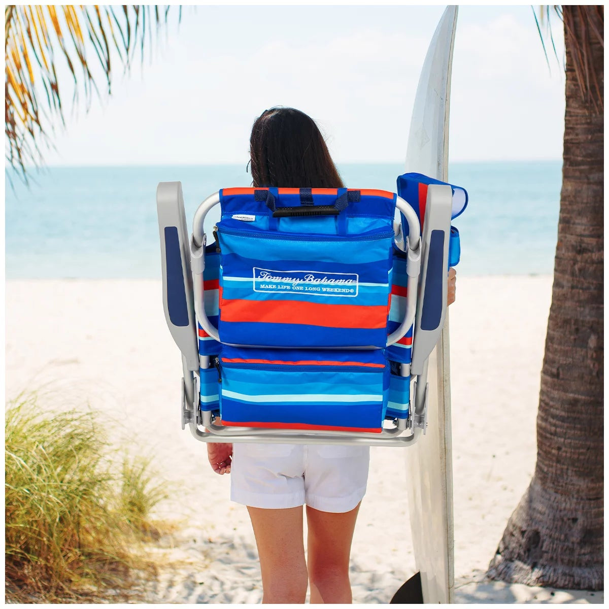 Tommy Bahama 5 Position Folding Backpack Beach Chairs Red Blue Stripe 2 Pack