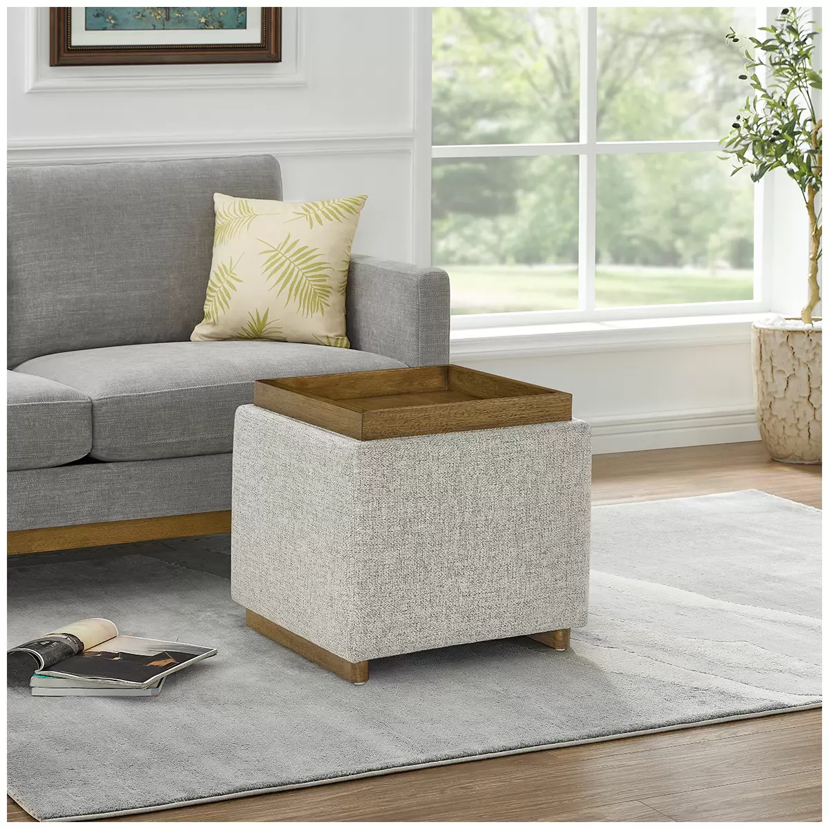 Thomasville Fabric Storage Ottoman Grey Footstool Wooden Tray Hidden Storage