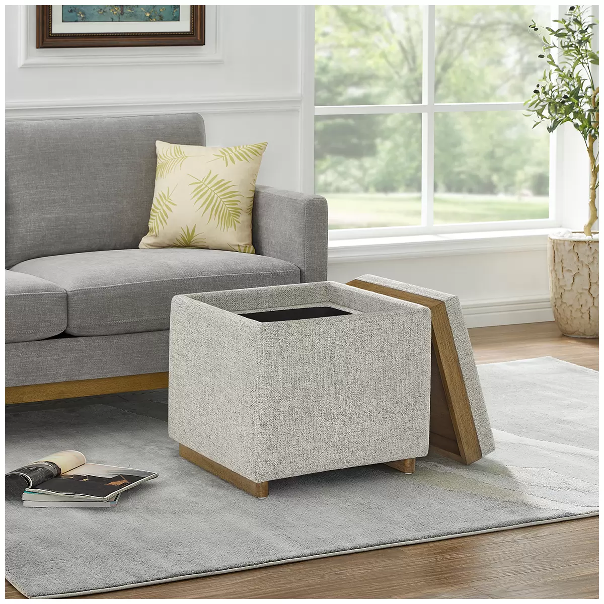 Thomasville Fabric Storage Ottoman Grey Footstool Wooden Tray Hidden Storage