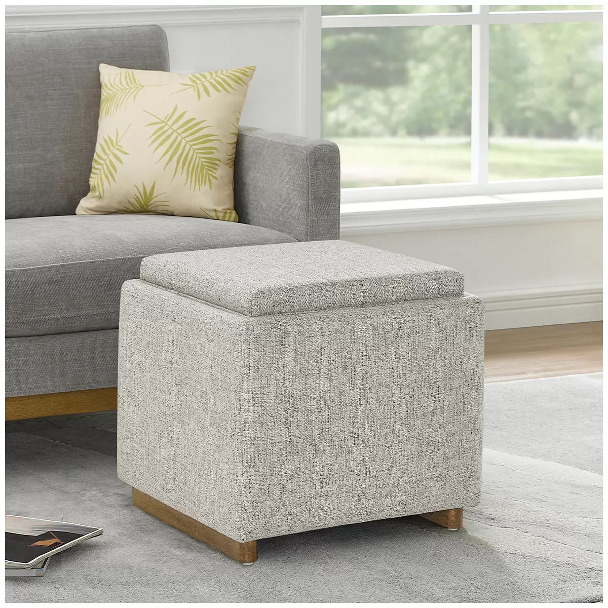 Thomasville Fabric Storage Ottoman Grey Footstool Wooden Tray Hidden Storage