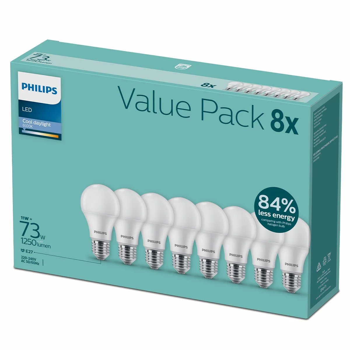 Philips Essential LED Bulb 11W E27 6500K Cool Daylight 230V 8 Pack Energy Saving