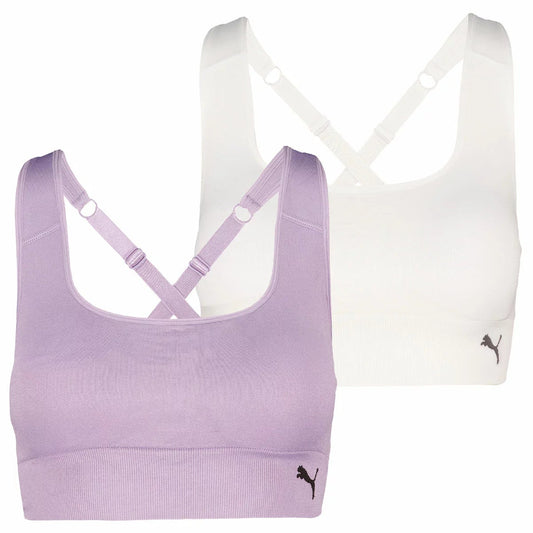 PUMA Women's Seamless Sports Bra 2 Pack Lilac Cream Large Adjustable