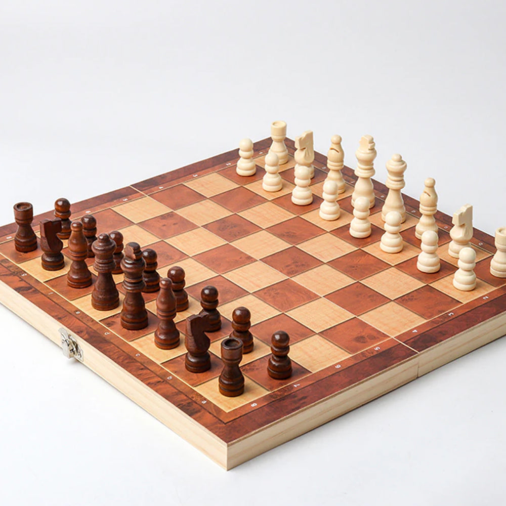 3-in-1 Large Folding Wooden Chessboard Checkers Gaming Set