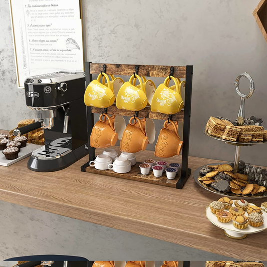 2 Tier Vintage Wood Coffee Mug Holder Stand