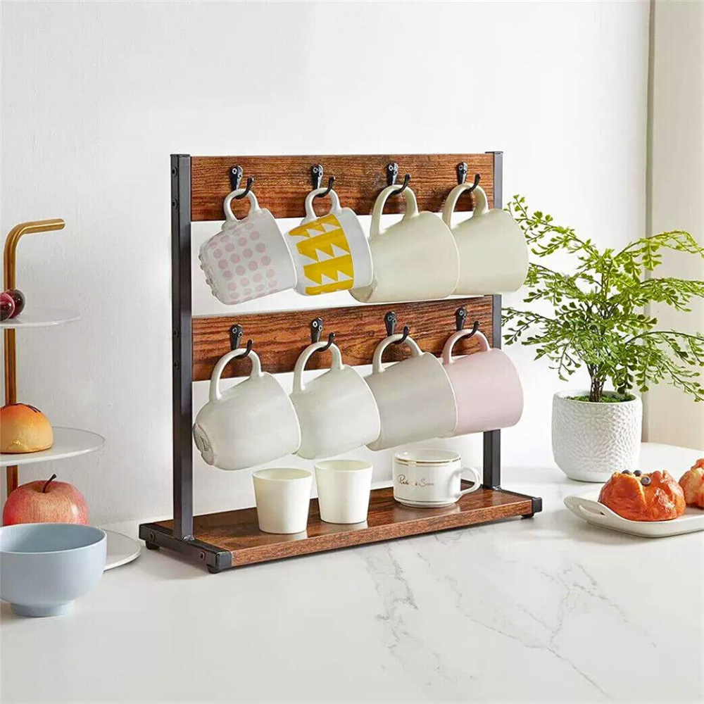 2 Tier Vintage Wood Coffee Mug Holder Stand