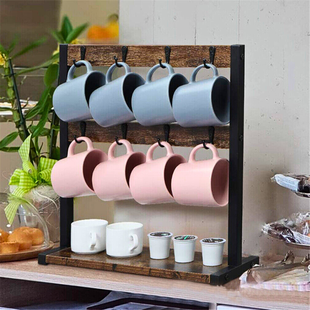 2 Tier Vintage Wood Coffee Mug Holder Stand