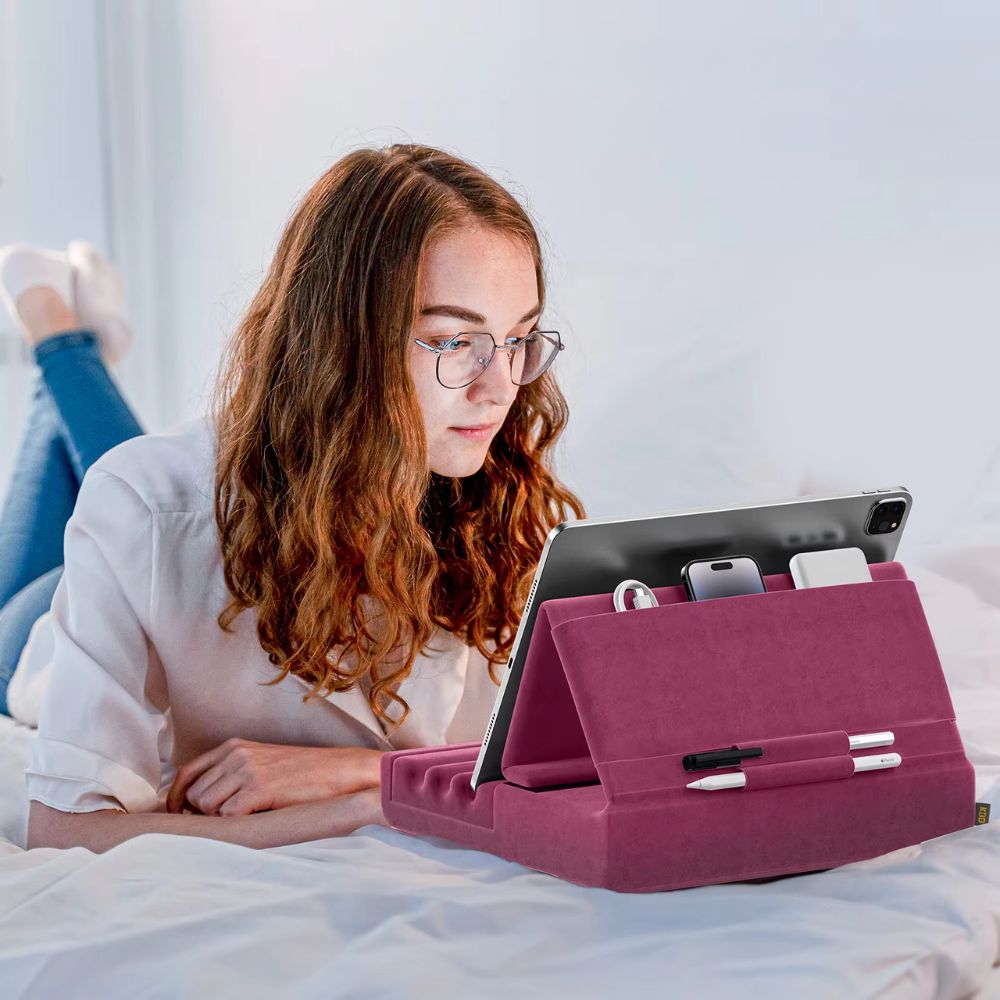 Tablet Pillow Stand Foldable Holder for iPad Pro with Soft Pad, Pocket and Stylus Mount