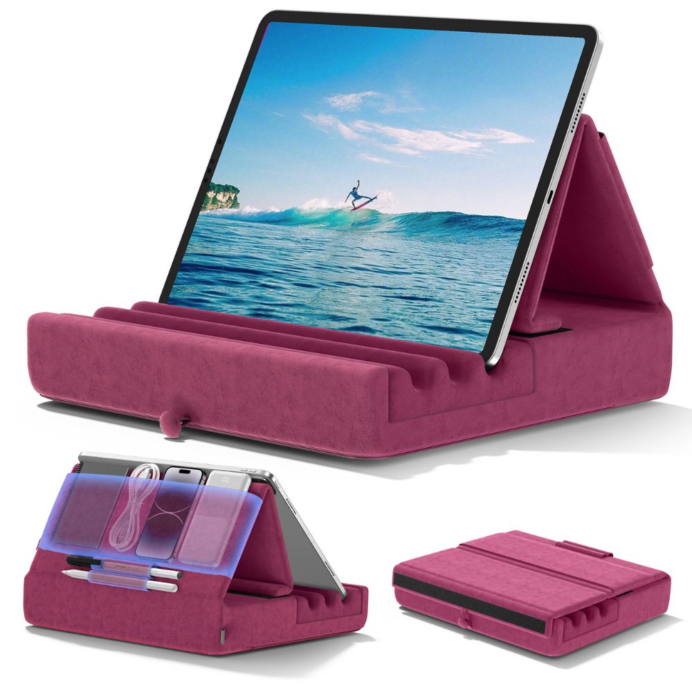 Tablet Pillow Stand Foldable Holder for iPad Pro with Soft Pad, Pocket and Stylus Mount