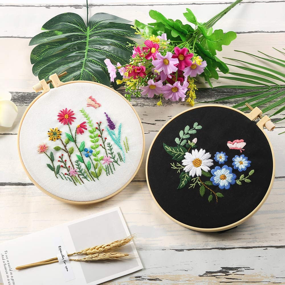 DIY Flowers Pattern Embroidery Kits Craft Beginner Needlepoint Hoop Cross Stitch