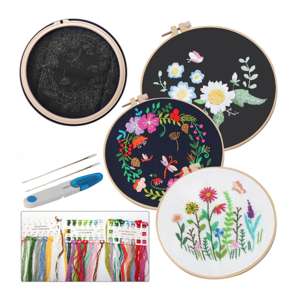 Embroidery Beginners DIY Cross Stitch Kits Pre Printed Floral Pattern With Hoop