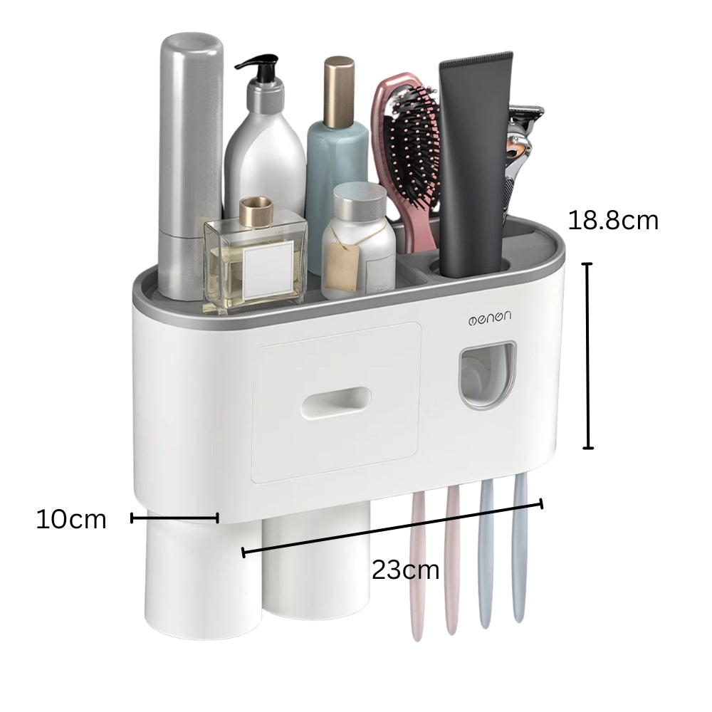 Wall Mounted No-Drill Toothbrush Holder with Toothpaste Squeezer & Storage Rack