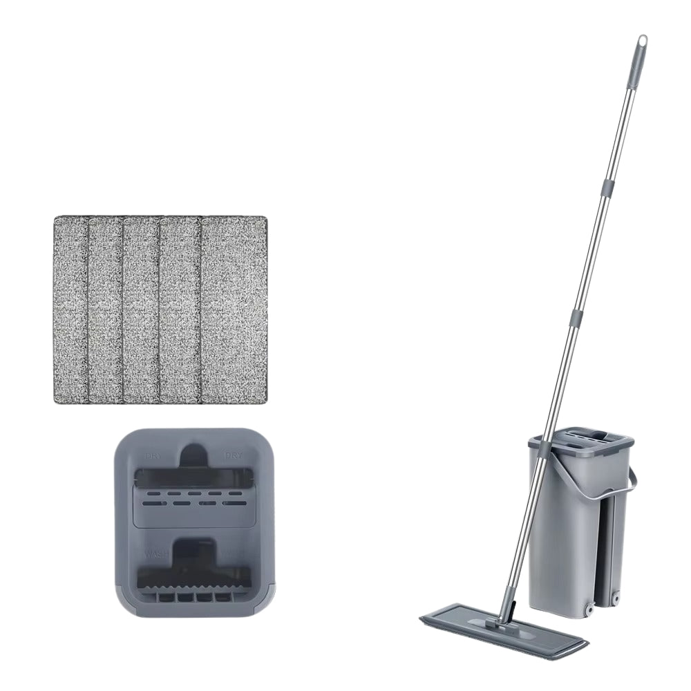 Hands Free Flat Floor Mop and Bucket System with Washable Microfiber Pads