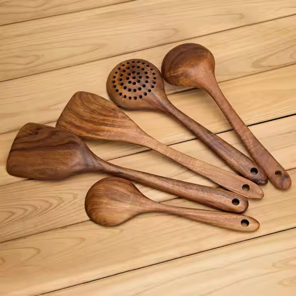 5pcs Teak Wood Tableware Cooking Spoon Kitchen Tool Kit