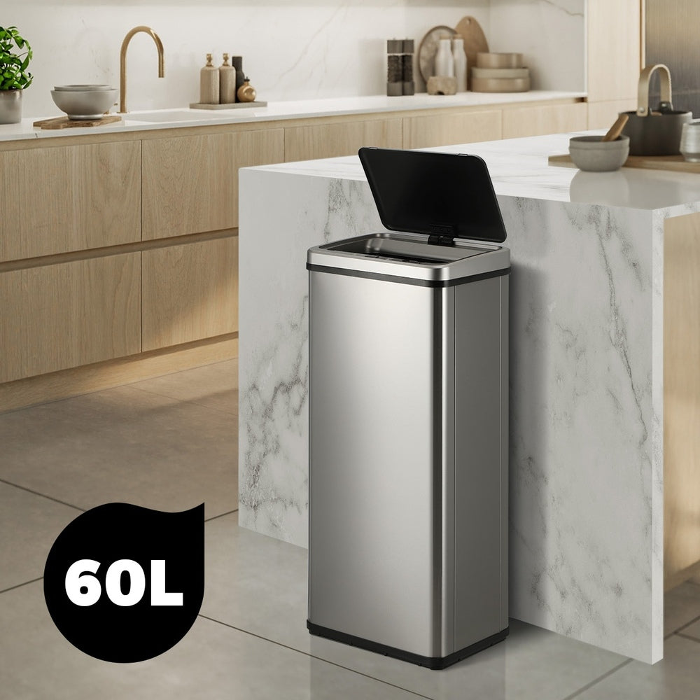 Silver Stainless Steel 60L Motion Sensor Bin