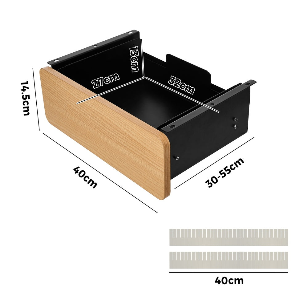 Under Desk Drawer with 2 Drawers and Dividers Natural and Black