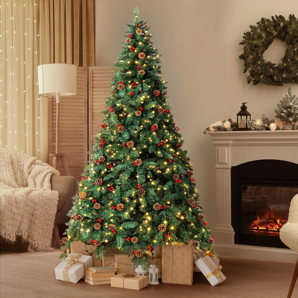 8FT Green Christmas Tree with LED Lights and Pine Cones Decorations
