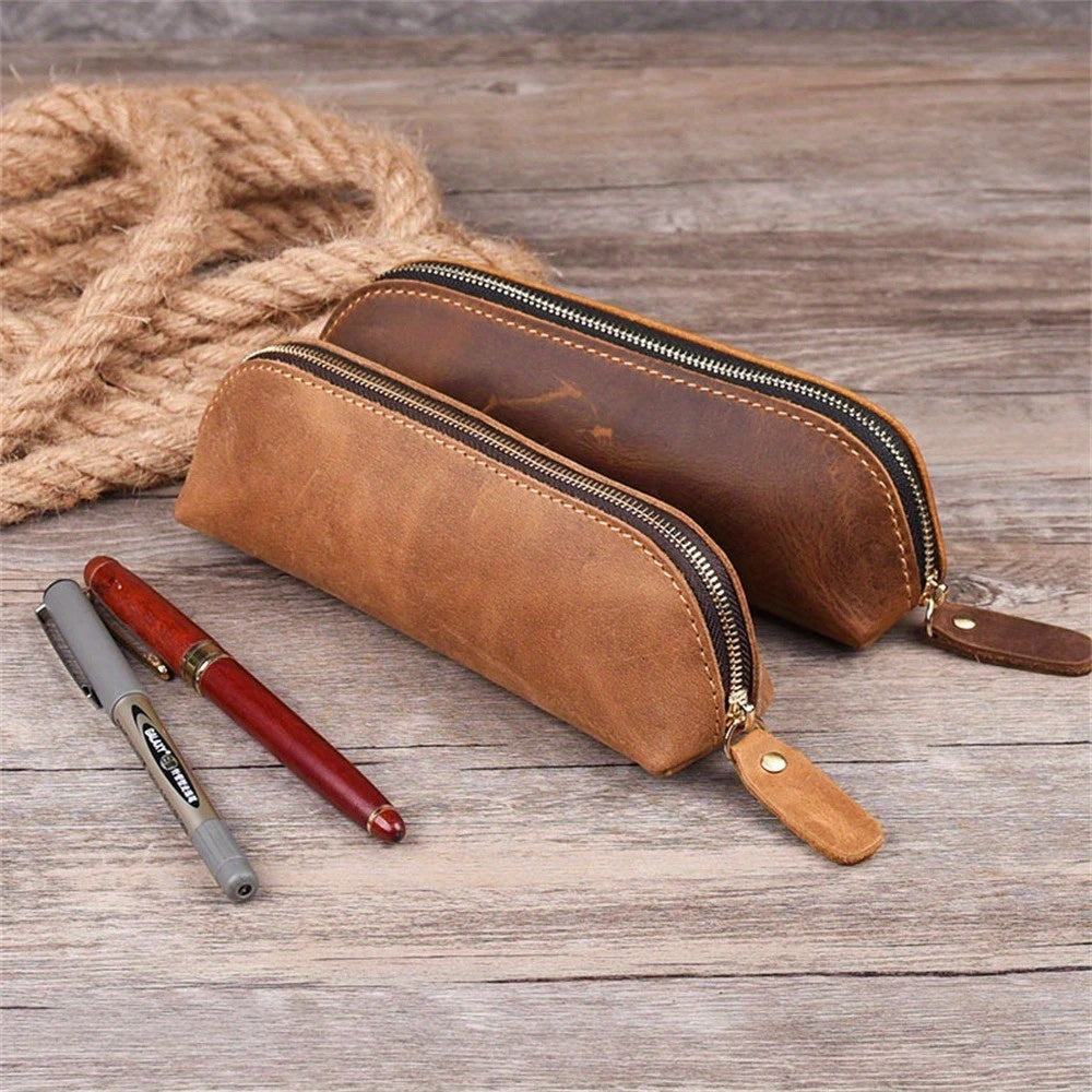 Vintage Leather Pencil Bag Zipper Pencil Pouch